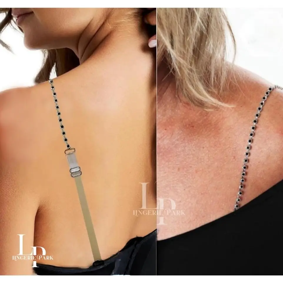 Adjustable Transparent Bra Straps with Crystal Beads | Detachable Invisible Shoulder Straps for Women | Stylish Lingerie Accessory for All Bras & Outfits (Black)