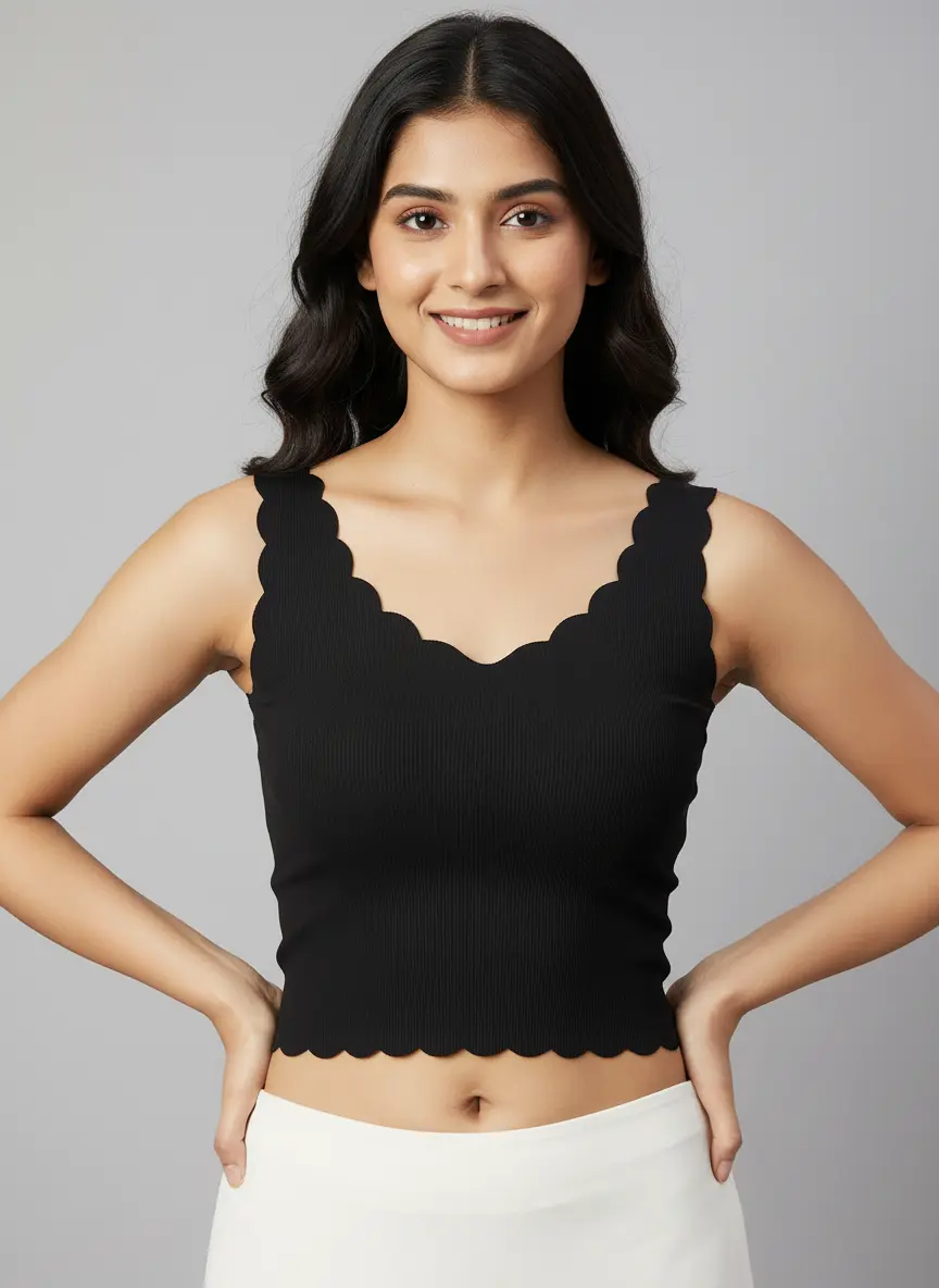 Women’s Black Padded Crop Top | Scallop Edge Sleeveless Stylish Crop Top | Casual, Party & Daily Wear